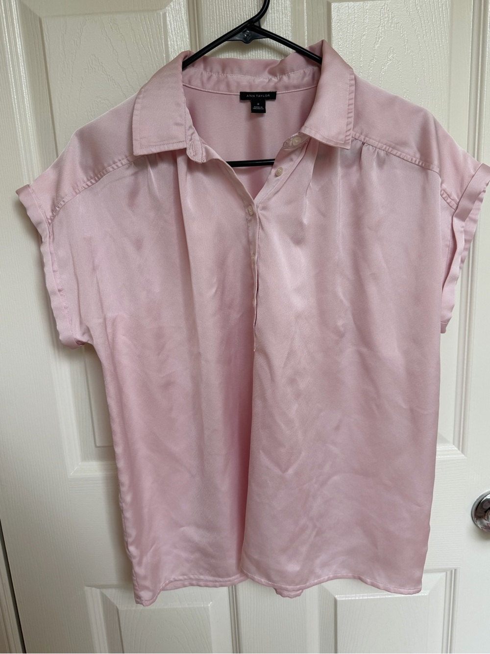 Ann Taylor Soft Pink Satin Button-Down Blouse
